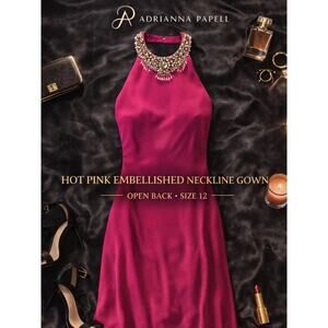 Adrianna Papell Hot Pink Embellished Neckline Gown Open Back Size 12
